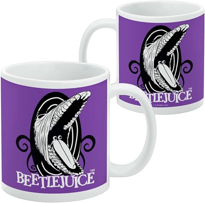 Two purple Beetlejuice mugs side by side, front and back, showing the open-mouthed monster design on both with the handle on the right.