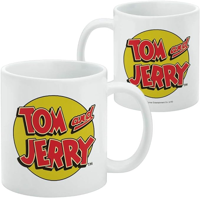 Front and back views of a white ceramic mug featuring the red and yellow Tom and Jerry logo with the text 'Tom and Jerry' in red over a yellow circle.