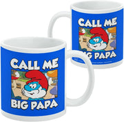 Two views of the royal blue Papa Smurf mug, with the back view showing the same design and small licensing text along the bottom.