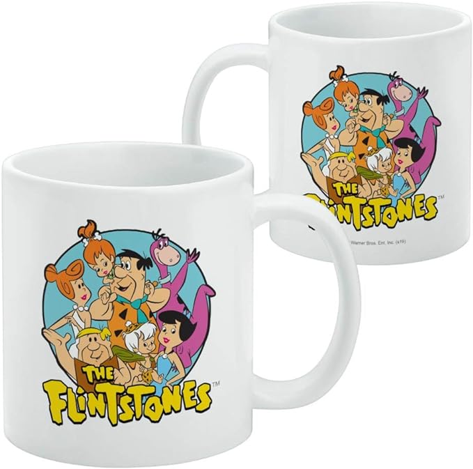 Two views of The Flintstones Group Shot Mug side by side, with the group design on the front and a small copyright line visible on the back.