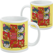 Front and back of the yellow Tom and Jerry mug showing the same grid of character squares, with the copyright line printed on the back.