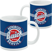 Side-by-side view of two matching blue Buick mugs, one turned to show the opposite side, both with the same red and white Authorized Service logo.