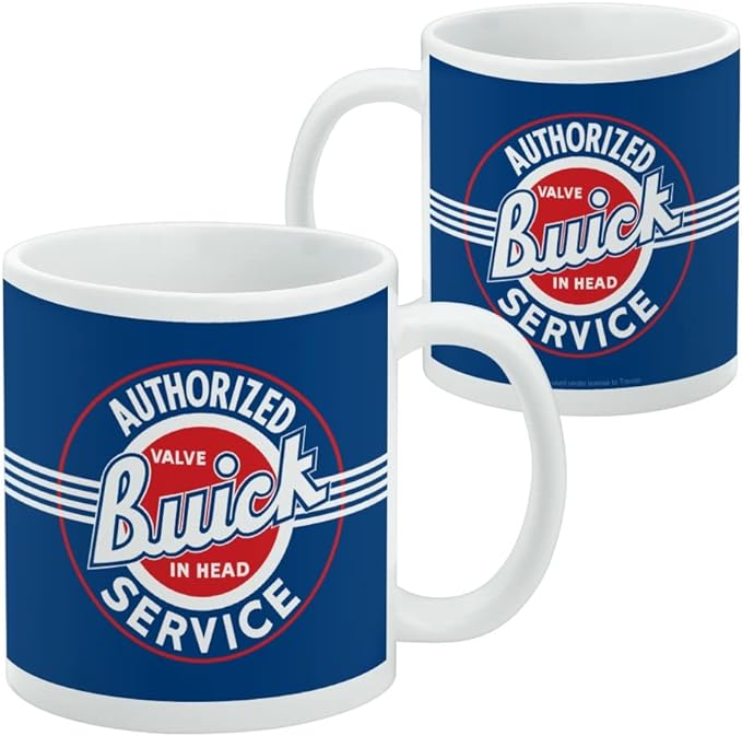 Side-by-side view of two matching blue Buick mugs, one turned to show the opposite side, both with the same red and white Authorized Service logo.
