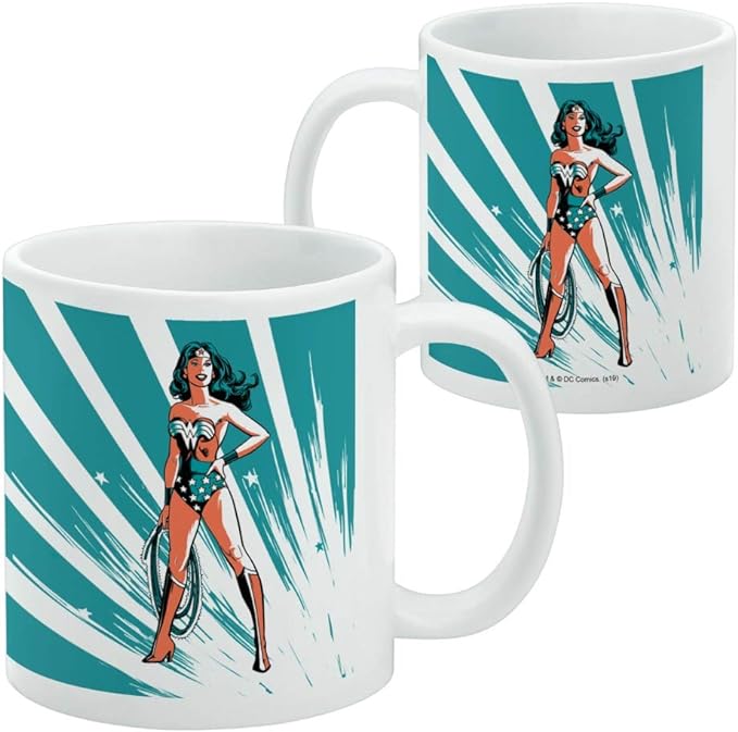 Front and back views of the Wonder Woman mug, with the back showing a small DC Comics copyright line near the base.