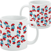 Front and back of the white mug showing the same repeating Papa Smurf pattern, with small licensing text on the back.