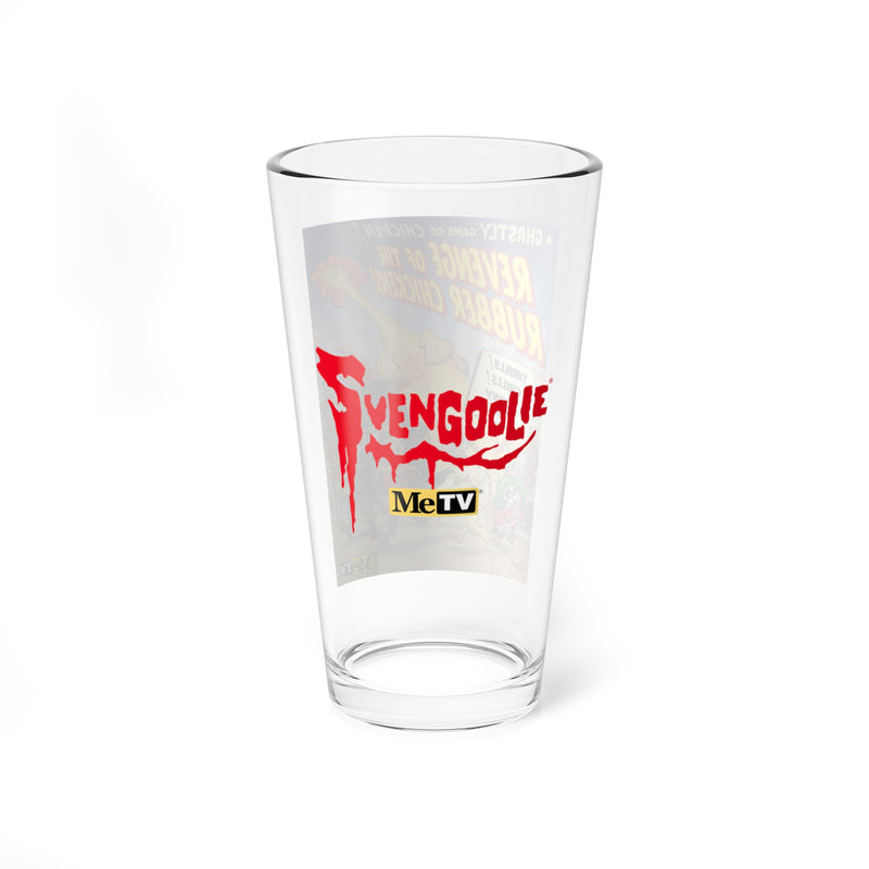 Back view of pint glass with Red dripping 'Svengoolie' logo with the MeTV logo below it,