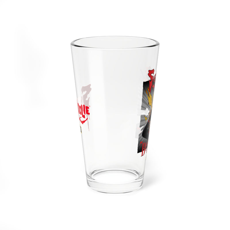 Opposite side view of the Svengoolie's Befowled pint glass showing the red Svengoolie logo on the left and the Befowled illustration on the right.