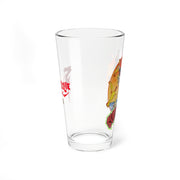 Opposite side of the Svengoolie pint glass showing the red logo at left and the orange sun with yellow chickens at right.