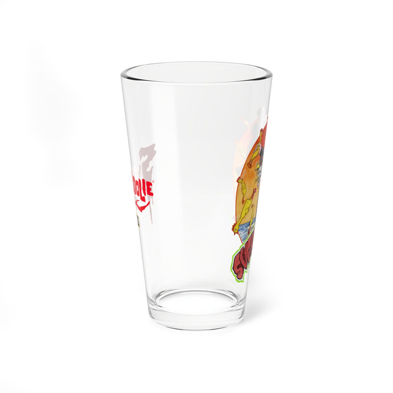 Opposite side of the Svengoolie pint glass showing the red logo at left and the orange sun with yellow chickens at right.