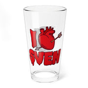 Clear pint glass featuring a red anatomical heart pierced by an arrow with the text 'I' and 'SVEN' in red around it.