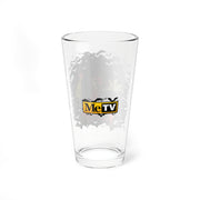 Back of the Svengoolie pint glass showing a faint bat and character design through the glass, with a centered yellow and black MeTV logo.