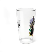 Opposite side view of the Svengoolie pint glass showing part of the black Svengoolie logo on the left and illustrated monsters,