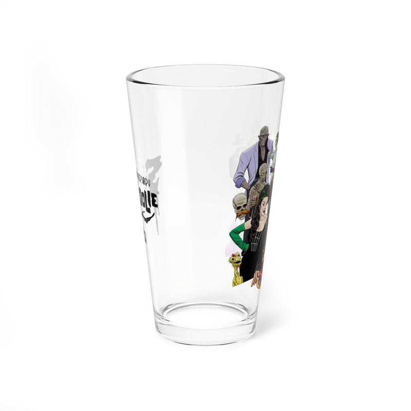 Opposite side view of the Svengoolie pint glass showing part of the black Svengoolie logo on the left and illustrated monsters,