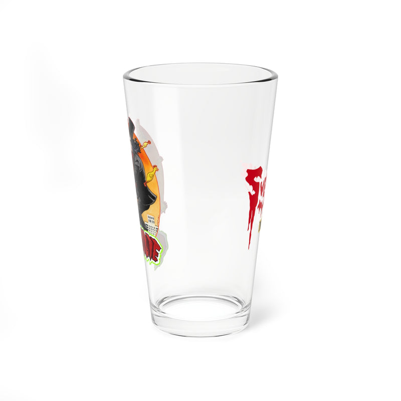 Side view of the Svengoolie pint glass showing the red 'Svengoolie' logo on the opposite side from the illustration.