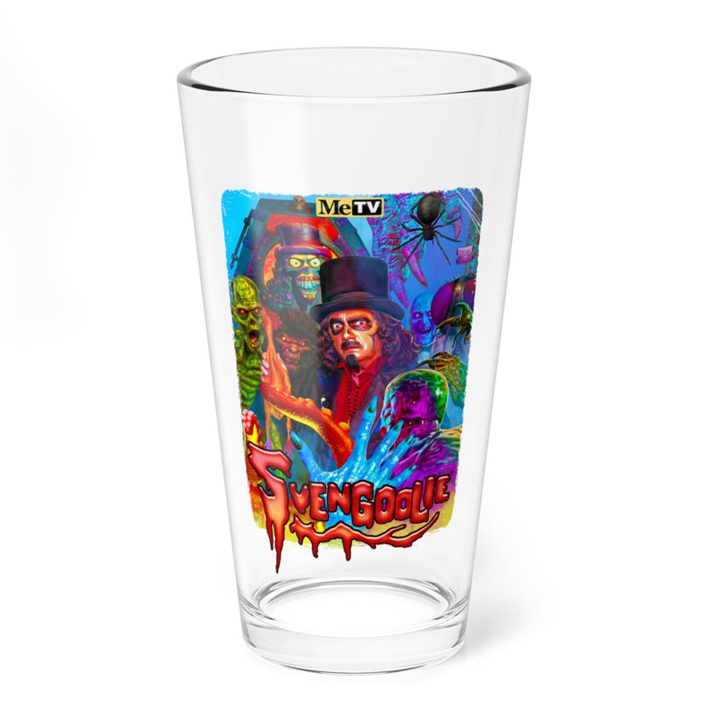 Clear pint glass featuring a colorful Svengoolie monster mash-up illustration with the text 'Svengoolie' in red at the bottom.