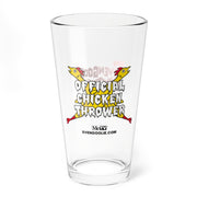 Clear pint glass featuring two yellow cartoon chickens and the text 'OFFICIAL CHICKEN THROWER' in white letters, with 'SVENGOOLIE.COM' in black below the logo.