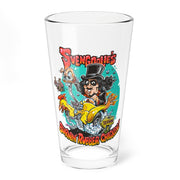 Clear pint glass featuring a cartoon Svengoolie in a top hat driving a hot rod with the text Svengoolie's' above and Burnin' Rubber Chicken below.