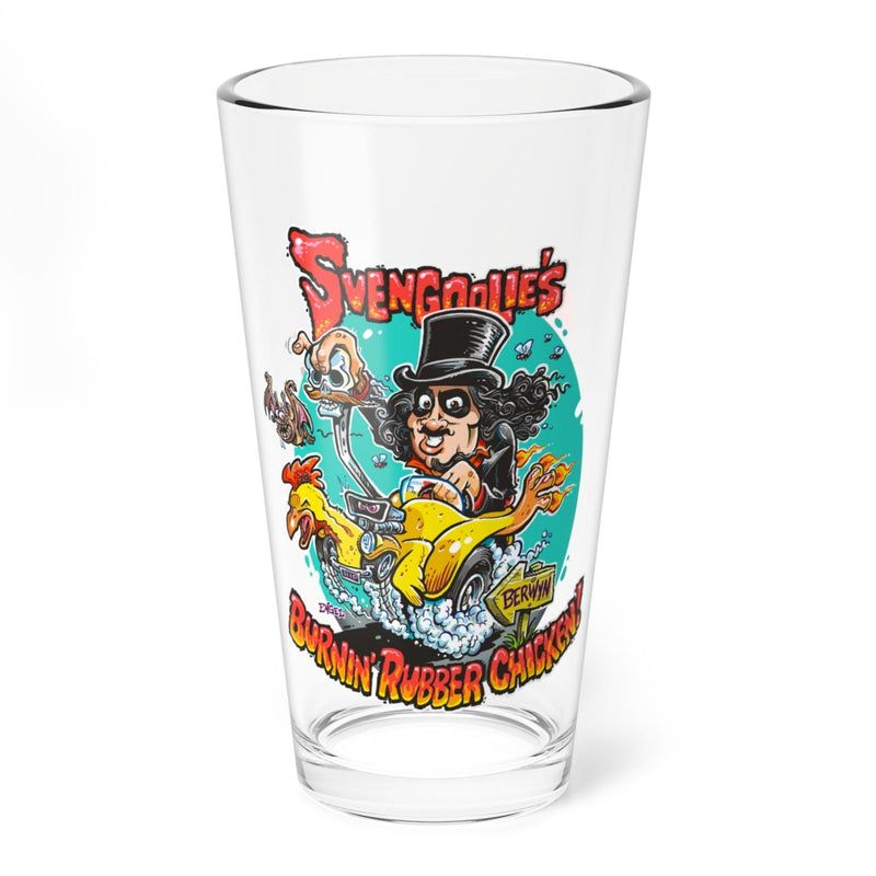 Clear pint glass featuring a cartoon Svengoolie in a top hat driving a hot rod with the text Svengoolie's' above and Burnin' Rubber Chicken below.