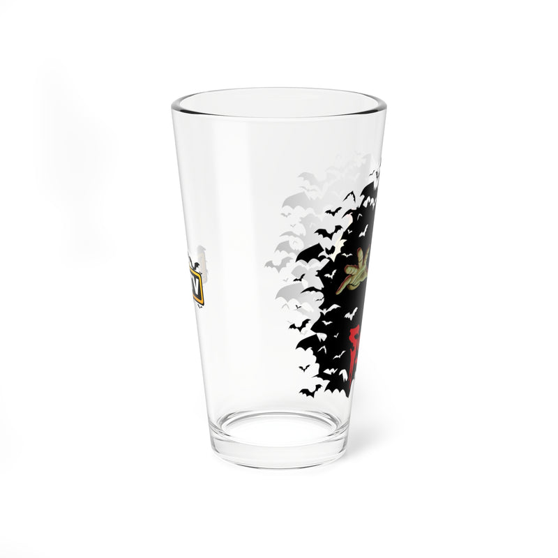 Opposite side of the Svengoolie pint glass showing the outstretched hand and bats, with the MeTV logo at the left edge.