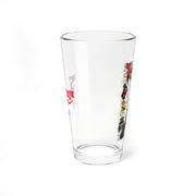 Side view of the clear pint glass showing the red dripping 'Svengoolie' logo on the left and the Sveniverse characters on the right.