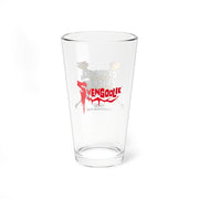 Back of the Svengoolie pint glass showing a large red Svengoolie logo over a faded, mirrored chicken graphic, with small mirrored text reading 'SVENGOOLIE.COM' below.