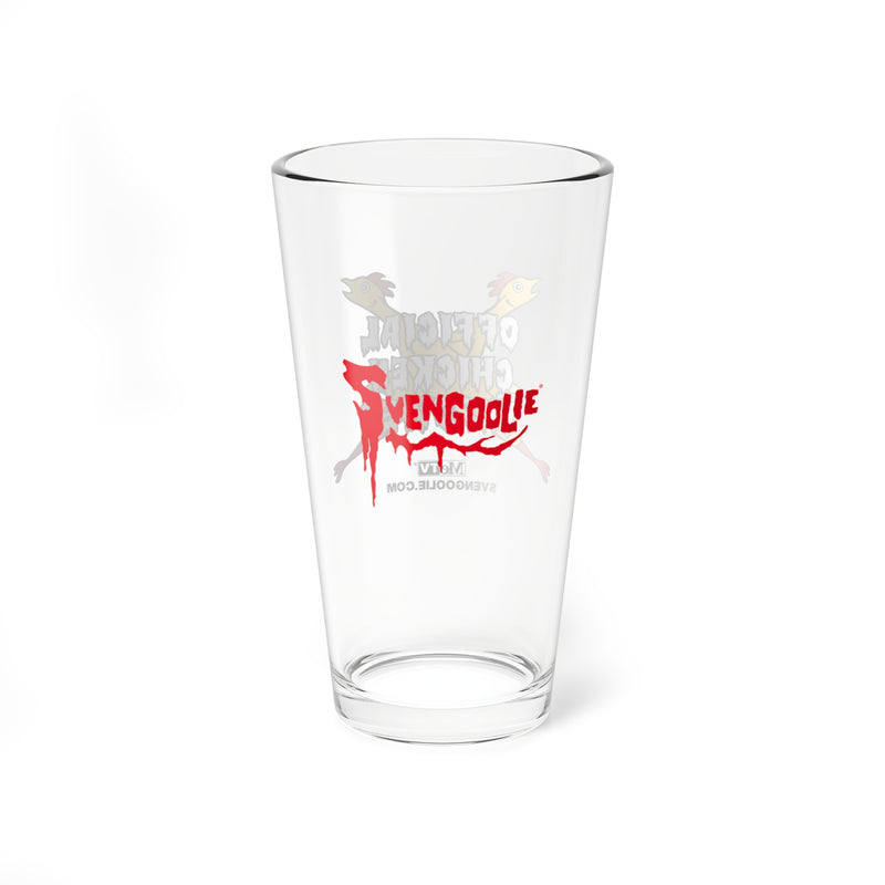Back of the Svengoolie pint glass showing a large red Svengoolie logo over a faded, mirrored chicken graphic, with small mirrored text reading 'SVENGOOLIE.COM' below.