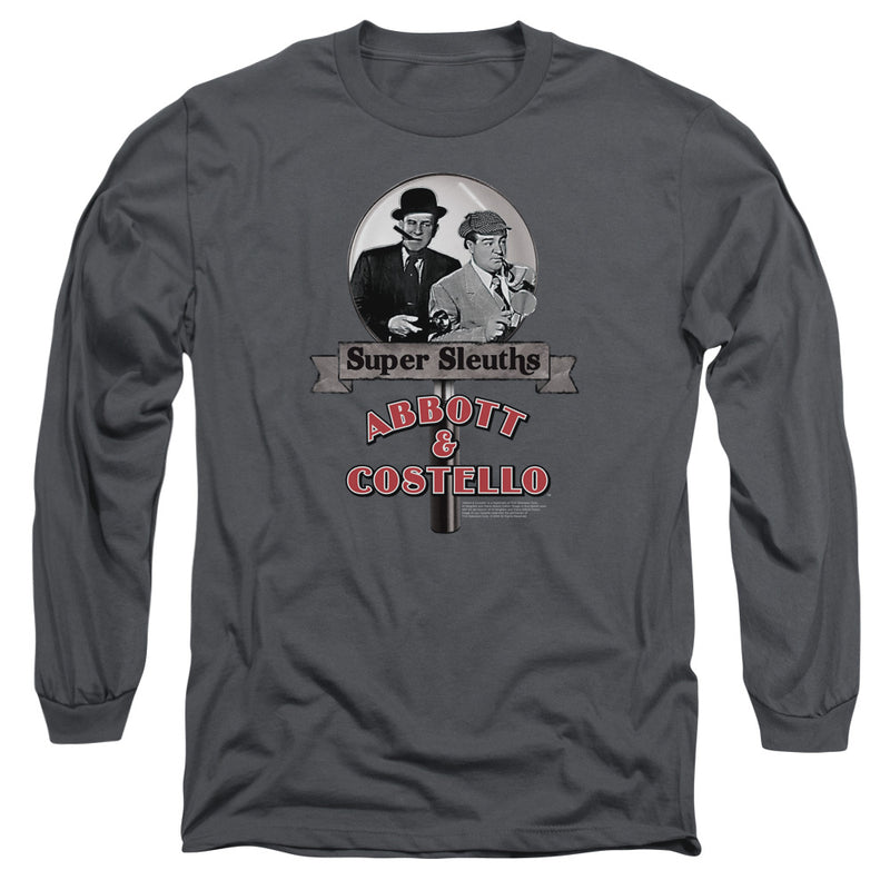Charcoal gray long-sleeved shirt featuring a black-and-white image of Abbott and Costello in a magnifying glass with the text 'Super Sleuths' on a banner and 'Abbott & Costello' in red above it.