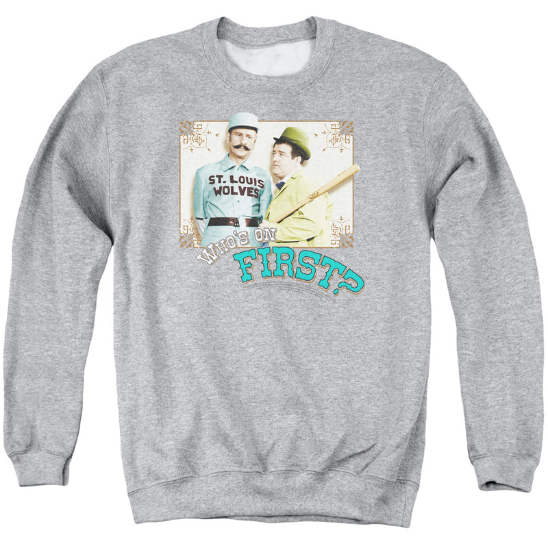 Athletic heather gray crewneck sweatshirt featuring Abbott and Costello in a photo with the text 'Who's on First?' below.