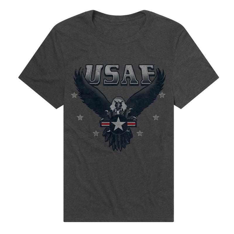 Dark heather gray t-shirt featuring a black eagle with spread wings over a white star roundel with the text 'USAF' in silver letters above it.