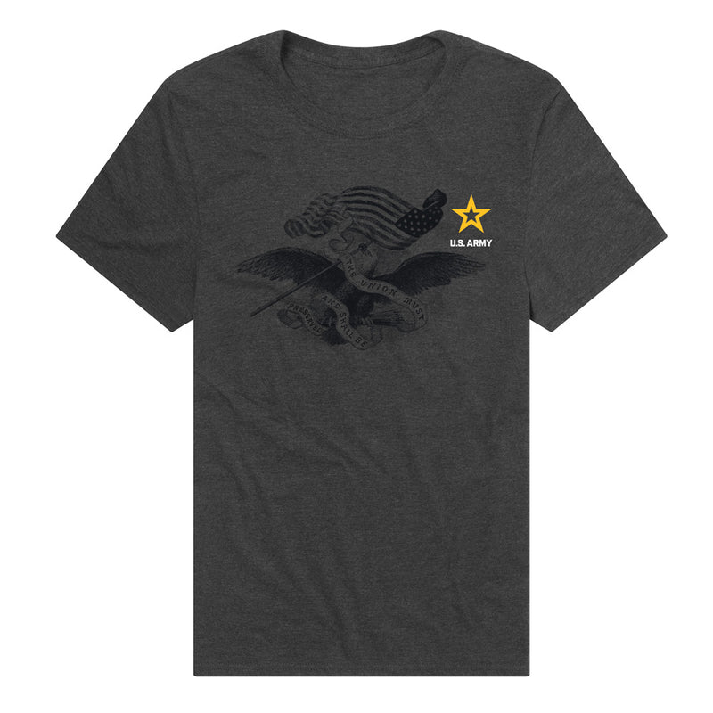 Charcoal t-shirt featuring a black vintage eagle with a flag and a gold U.S. Army star with the text 'U.S. ARMY' in white on the right chest.