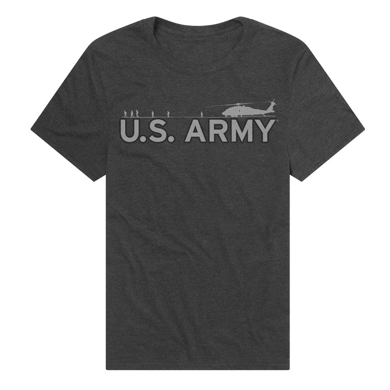 Heather charcoal t-shirt featuring a gray silhouette of soldiers rappelling from a helicopter with the text 'U.S. ARMY' in gray across the chest.
