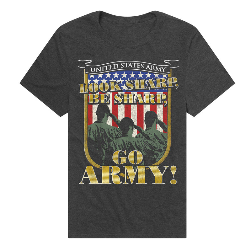 Dark gray t-shirt featuring saluting soldier silhouettes before a flag with the text 'LOOK SHARP, BE SHARP, GO ARMY!' in gold.