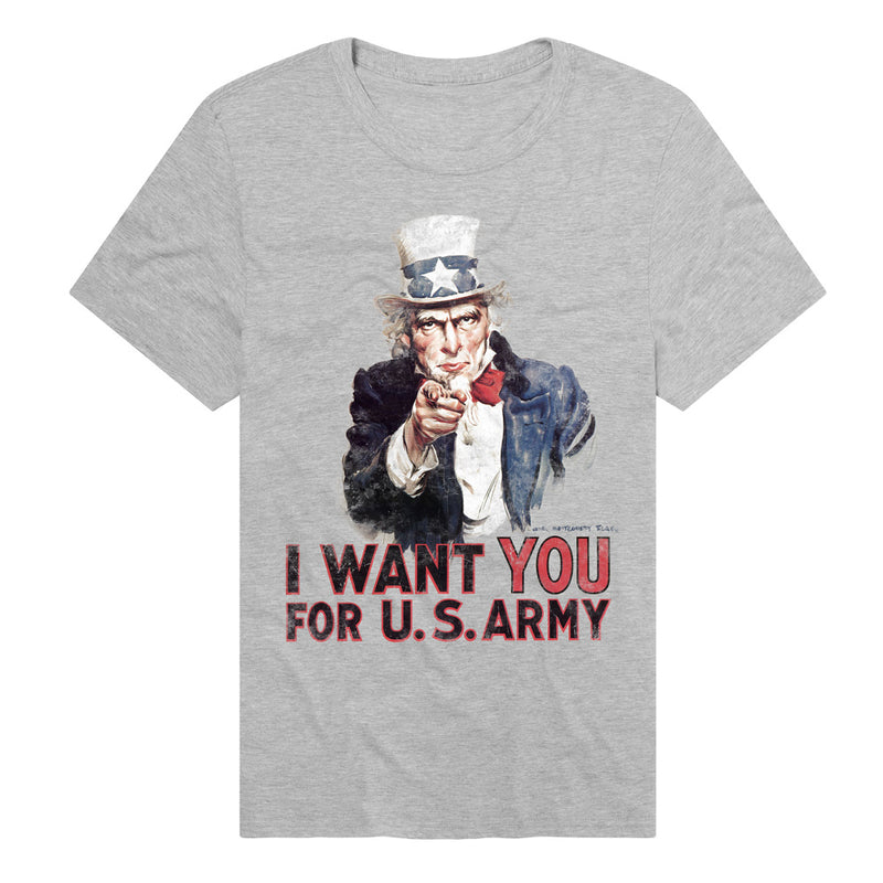 Heather gray t-shirt featuring Uncle Sam in a star-spangled top hat pointing with the text 'I WANT YOU FOR U.S. ARMY' in black and red below it.