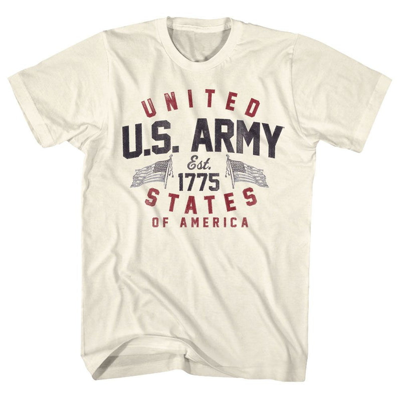 Cream short-sleeved t-shirt featuring two American flags with the text 'U.S. ARMY' in black and 'UNITED STATES OF AMERICA' in red.