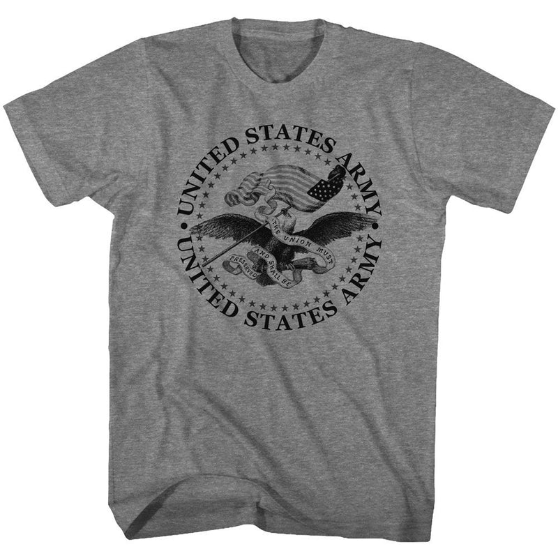 Heather gray short-sleeved t-shirt featuring a black seal with an eagle, flag, and stars around the text 'UNITED STATES ARMY' in black.