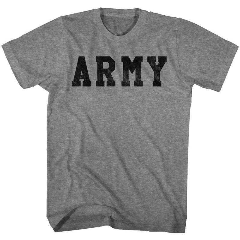 Heather gray short-sleeved t-shirt featuring the block letters 'ARMY' with a distressed finish in black across the chest.