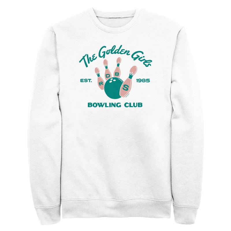 White sweatshirt featuring a teal bowling ball and pink pins with the text 'The Golden Girls' in teal above and 'Bowling Club' below.