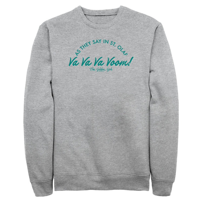 Athletic heather gray sweatshirt featuring 'Va Va Va Voom!' with 'As they say in St. Olaf' arched above in teal.