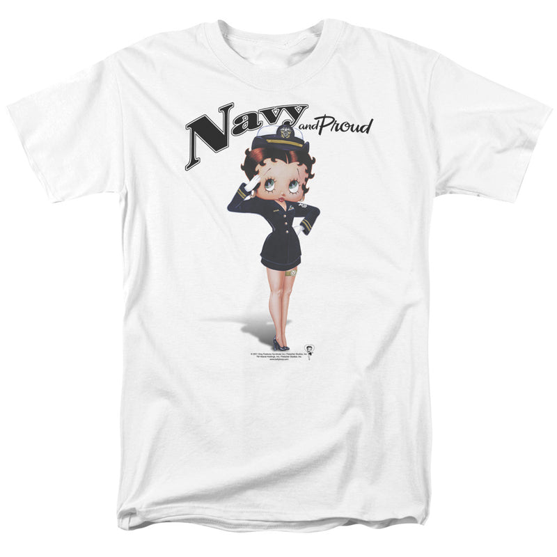 White short-sleeved t-shirt featuring Betty Boop in a navy uniform saluting with the text 'Navy and Proud' in black above her.
