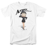 White t-shirt featuring Betty Boop in a navy army uniform saluting with the text 'Army and Proud' in black above her.