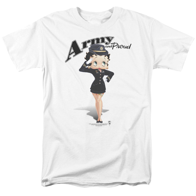 White t-shirt featuring Betty Boop in a navy army uniform saluting with the text 'Army and Proud' in black above her.