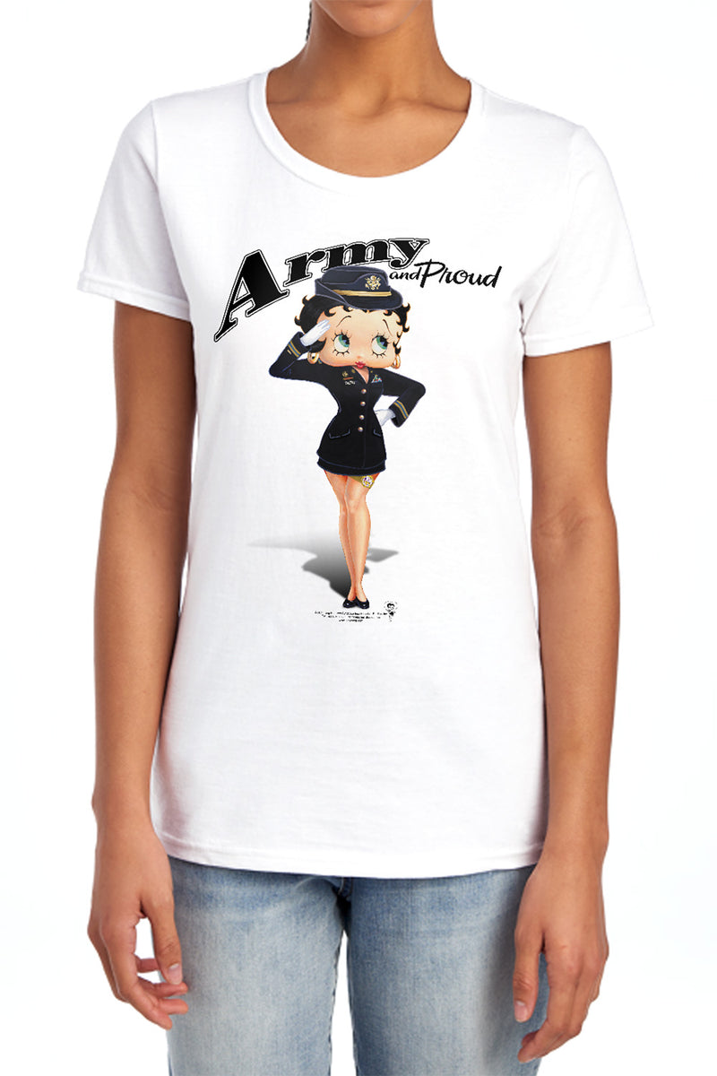 Model wearing the white Betty Boop Army Boop t-shirt in a women's fitted cut, showing the saluting Betty Boop design centered on the chest.