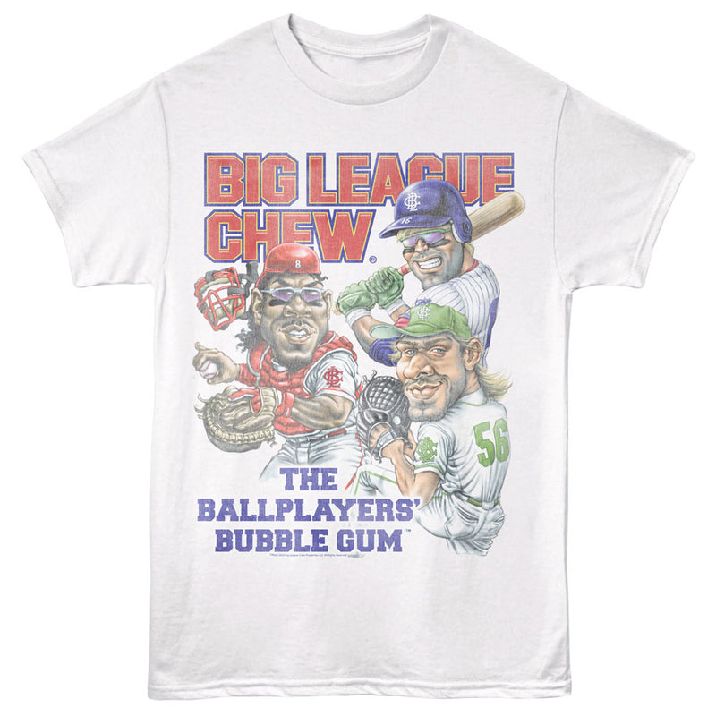 White short-sleeved t-shirt featuring caricatures of three baseball players with the text 'BIG LEAGUE CHEW' in red above.