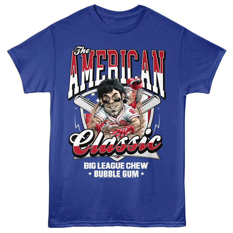 Royal blue t-shirt featuring a cartoon baseball player with crossed bats and the text 'The American Classic' in white and red above it.
