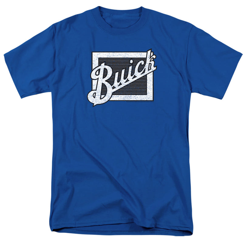 Royal blue short-sleeved t-shirt featuring the distressed Buick emblem with the text 'Buick' in white script on a black and white rectangular badge.