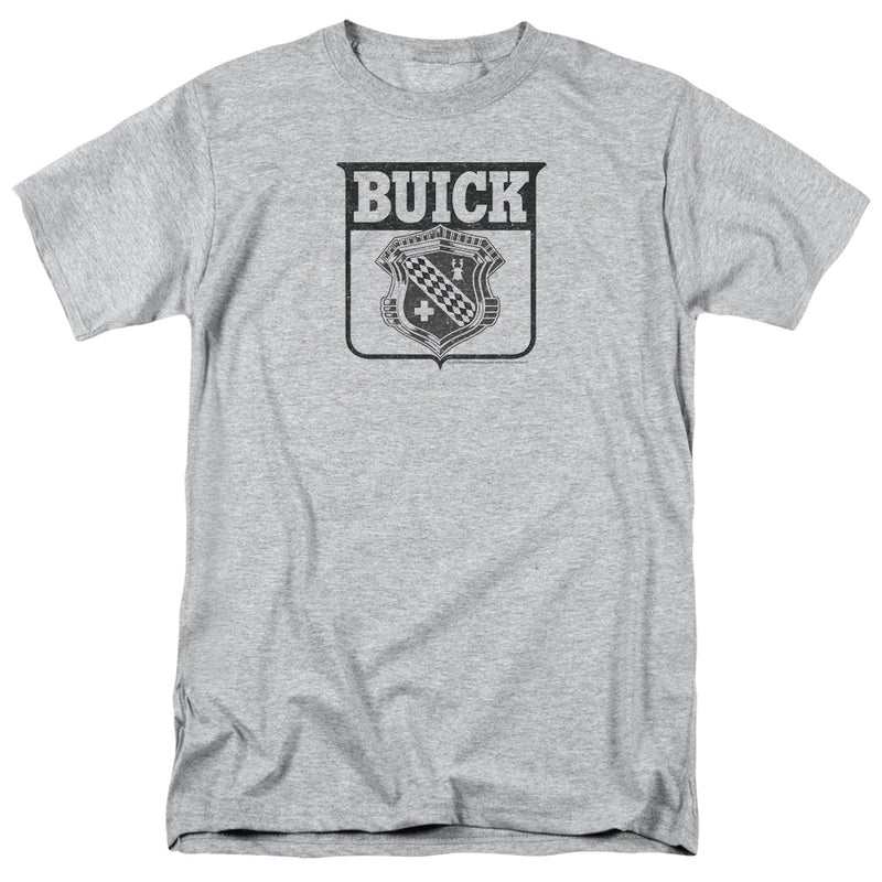 Heather gray short-sleeved t-shirt featuring the 1946 Buick shield emblem with the text 'BUICK' in black above it.