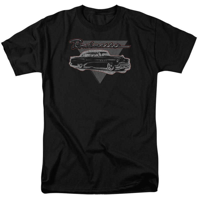 Black short-sleeved t-shirt featuring a gray classic car on a gray triangle with the text 'Roadmaster' in red script above it.