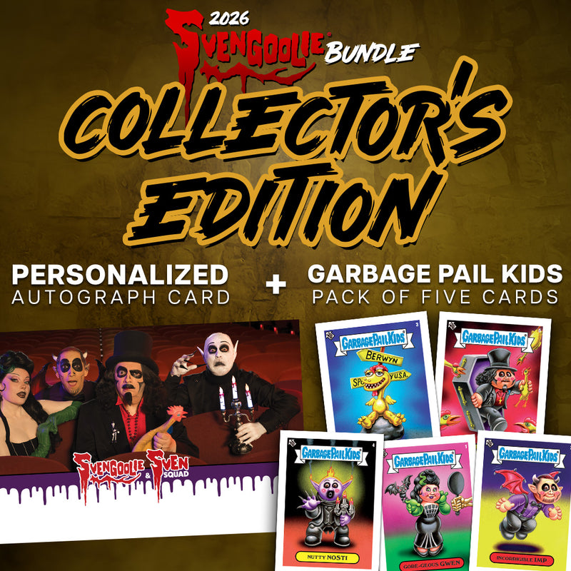 Graphic showing the Collector's Edition version of the Svengoolie Bundle, including pictures of the personalized autograph card and the 5 Garbage Pail Kids cards.