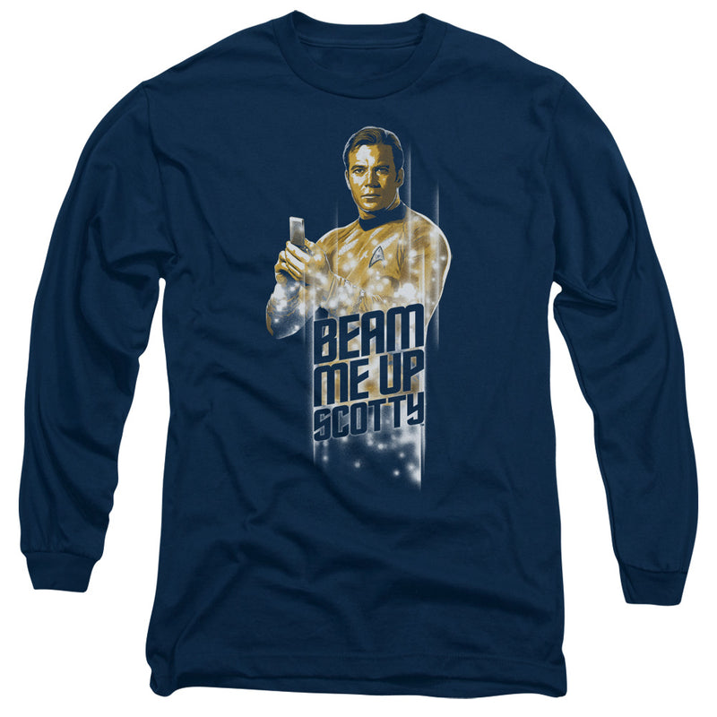 Navy long-sleeve shirt featuring a gold-uniformed Starfleet officer holding a communicator with the text 'BEAM ME UP SCOTTY' in navy below him.