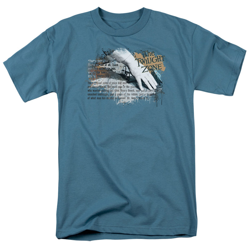 Slate blue t-shirt featuring Henry Bemis's hand holding broken glasses over faded text with the text 'The Twilight Zone' in tan at upper right.